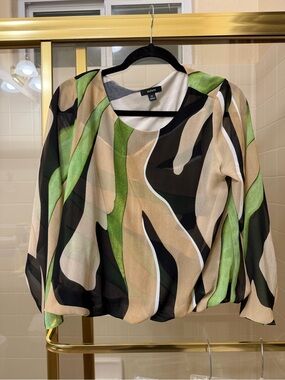 Alfani Green Black Tan Abstract Print Blouse